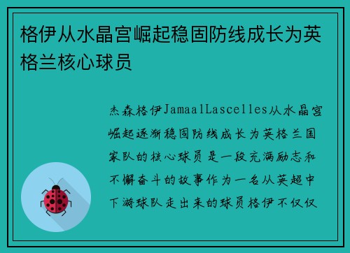 格伊从水晶宫崛起稳固防线成长为英格兰核心球员 格伊从水晶宫崛起稳固防线成长为英格兰核心球员